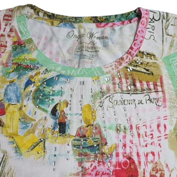 Onque Woman Elements Sz 1X Multicolor Bling Fun Eiffel Tower Graphic Top - Picture 3 of 12